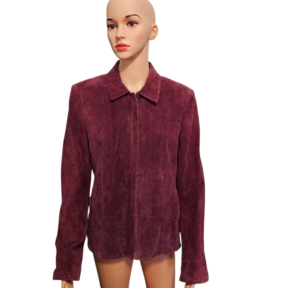 Kate Hill Leather Suede Burgundy Full Zip Jacket Mobwife Sz 16